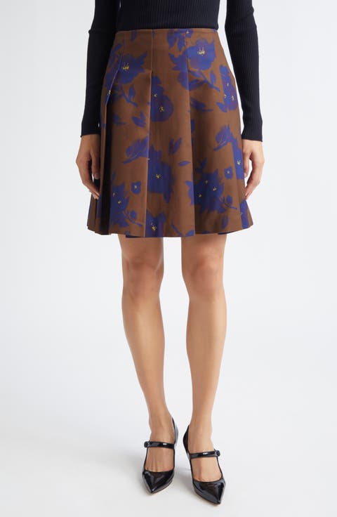 Pleated Floral Print A-Line Skirt
