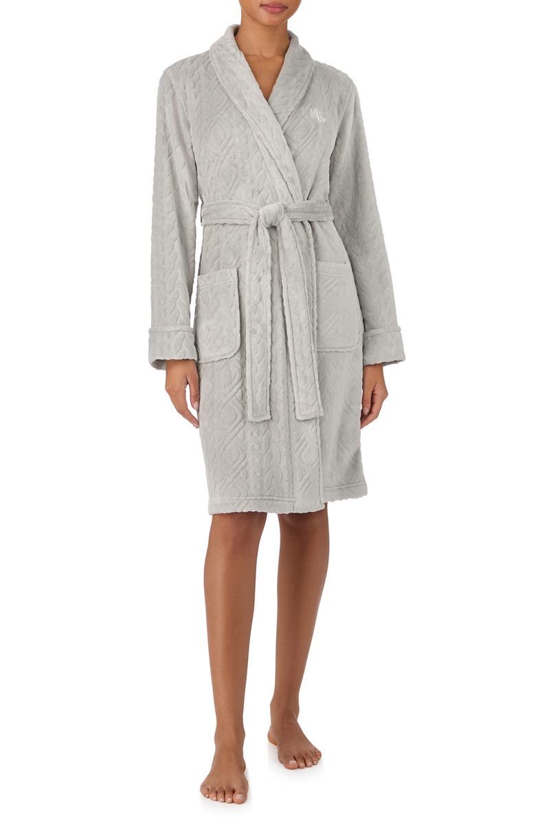Lauren Ralph Lauren Fleece Monogram Robe, Main, color, Grey