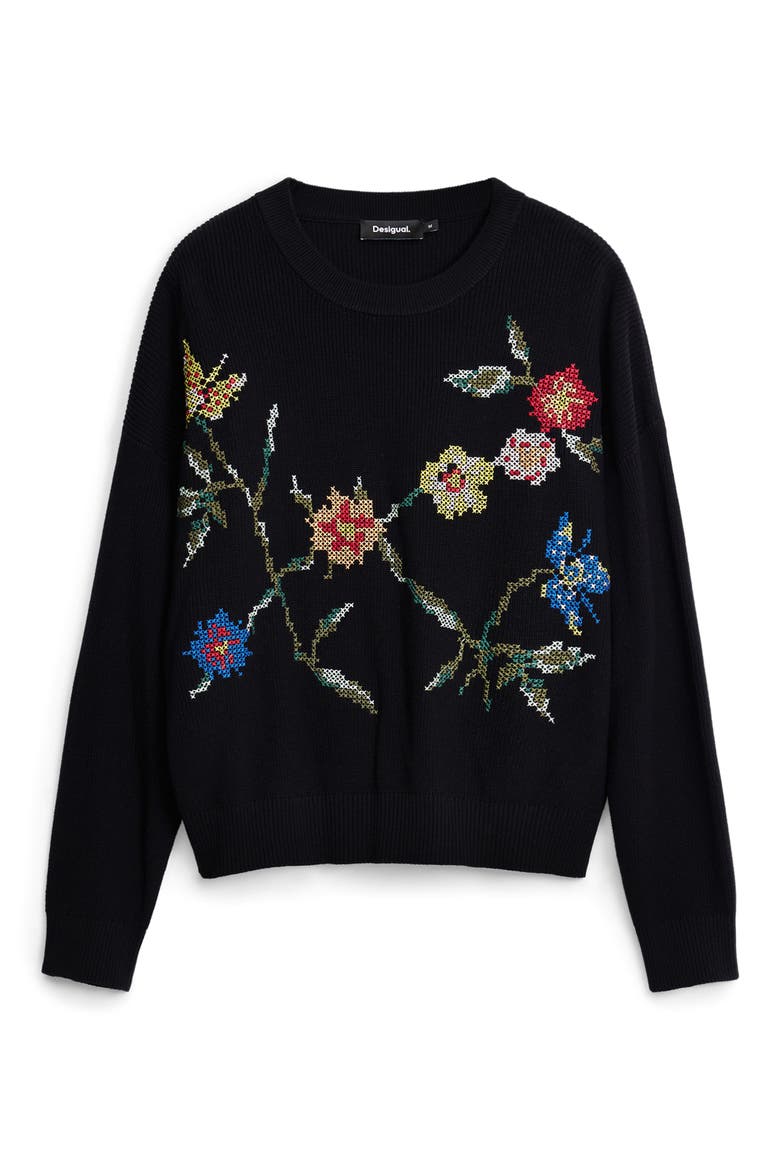 Cross-Stitch Embroidered Cotton Sweater, Alternate, color, BLACK