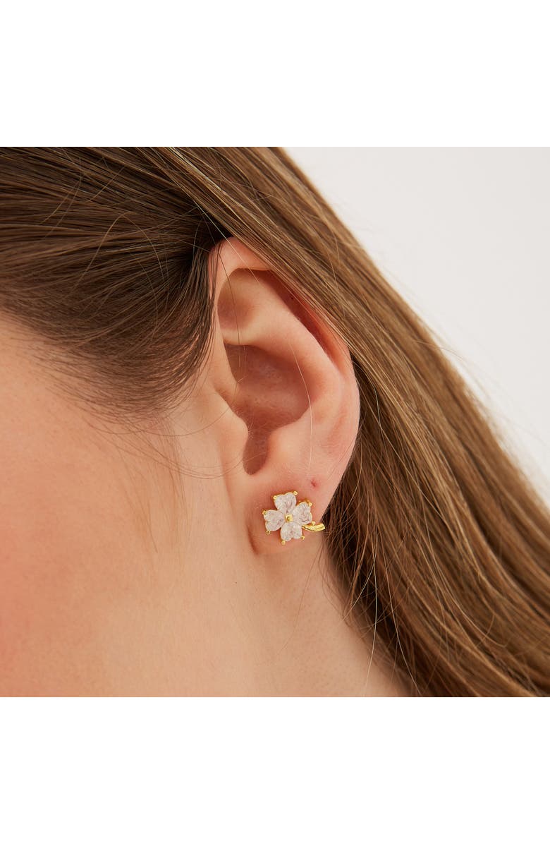 Spero London Four Leaf Clover Sterling Silver Stud Earrings - White, Alternate, color, Gold