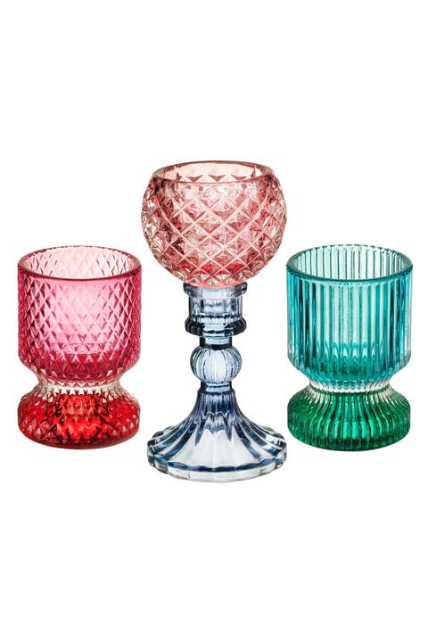 Glass Round Candle Holder and Decorative Object 3 Pcs Set