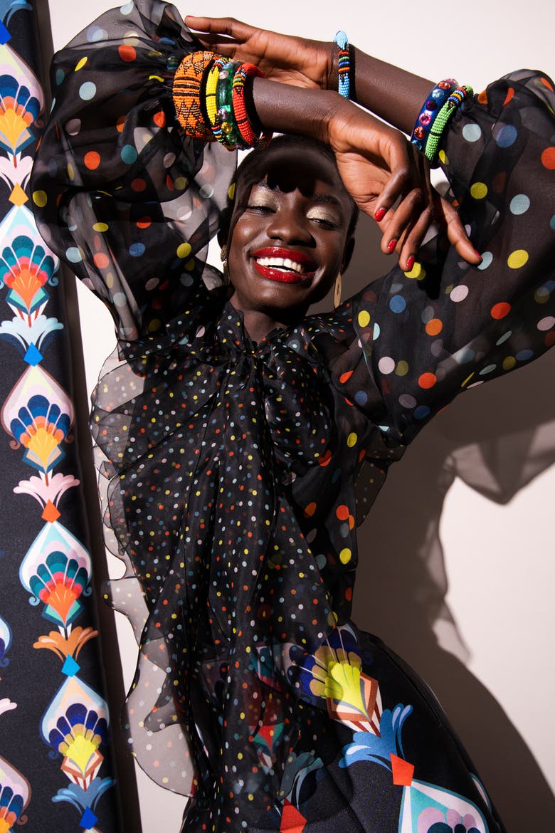 Printed Silk Organza Blouse With Flounces Polka dot print, Alternate, color, Black Multicolour