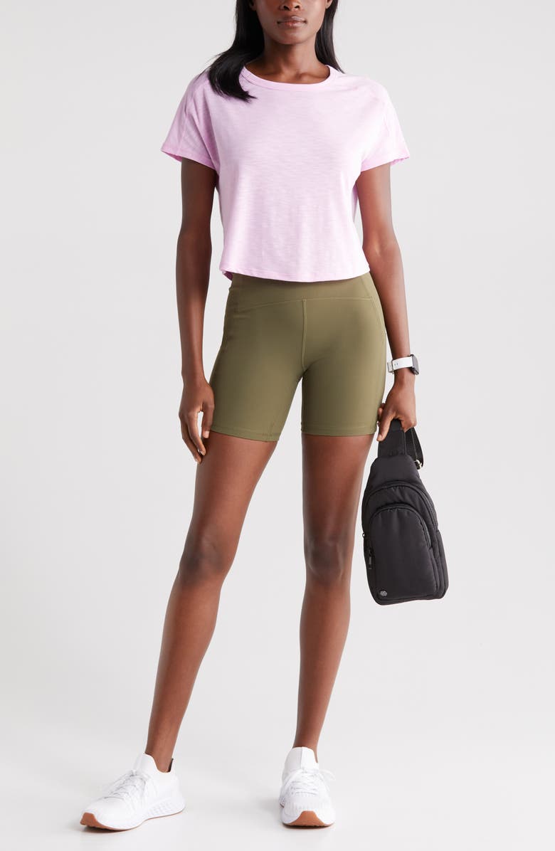 Zella Studio Luxe Pocket Bike Shorts, Alternate, color, Olive Night