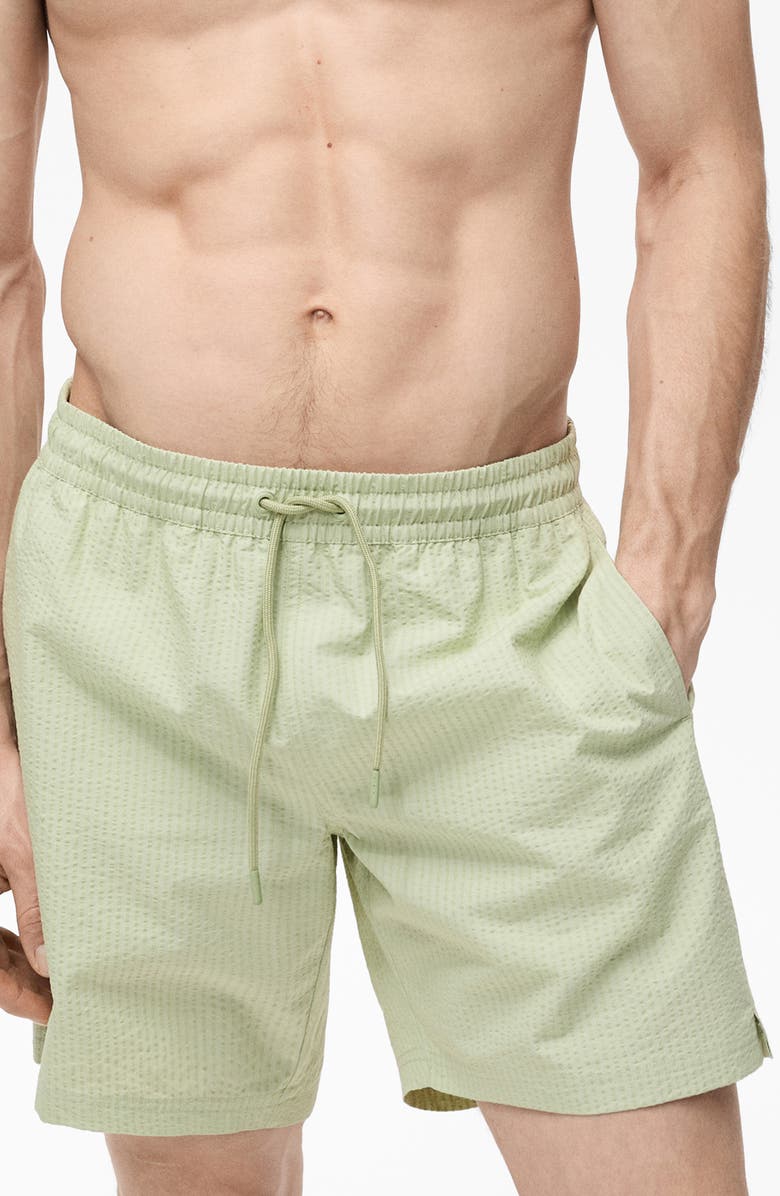 MANGO Seersucker Swim Trunks, Main, color, Pastel Green