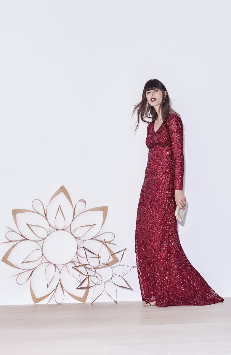 Adrianna Papell Long Sleeve Beaded Evening Gown, Main, color,