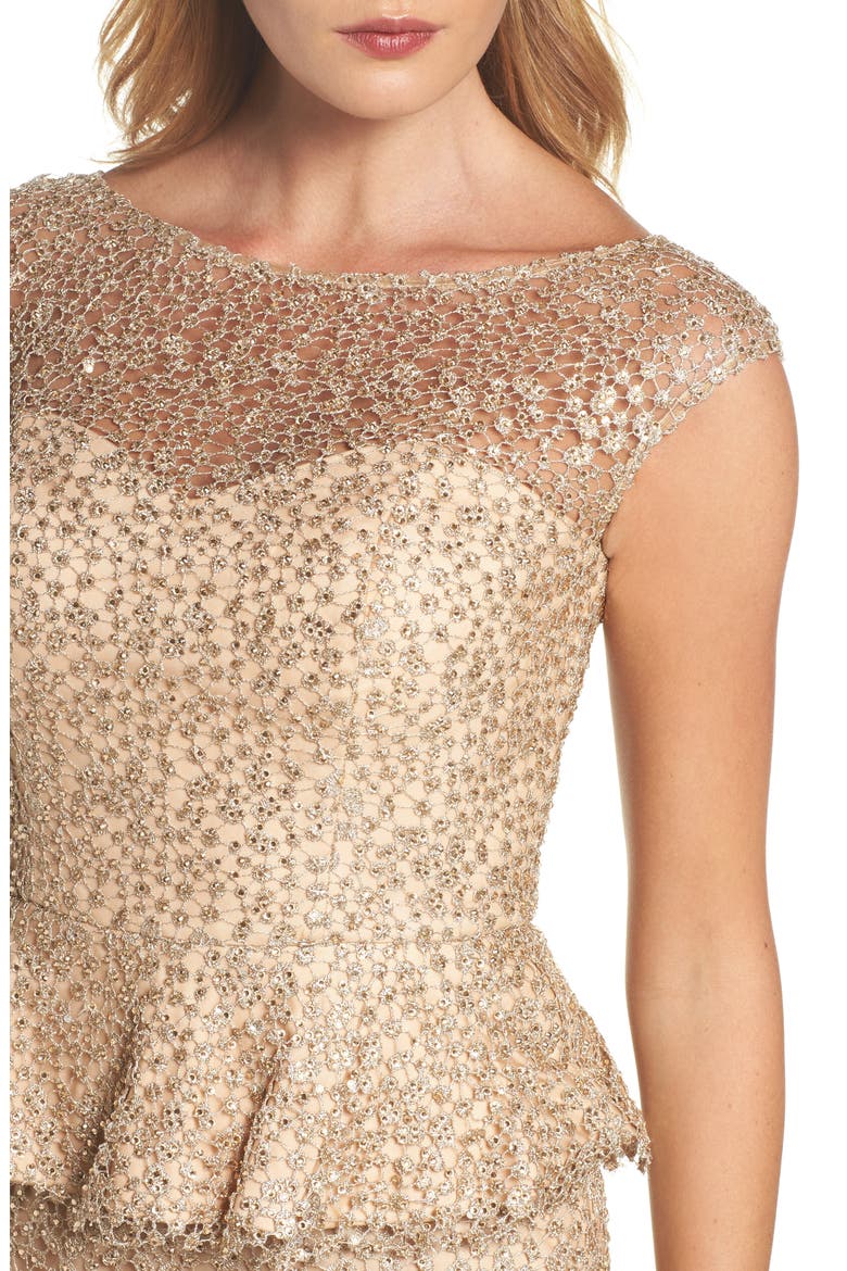 Embellished Lace Peplum Gown, Alternate, color, CHAMPAGNE
