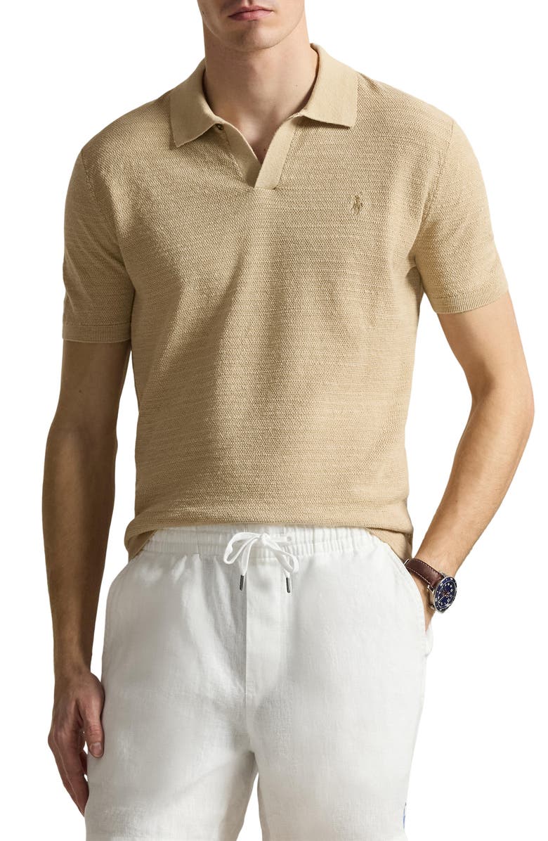 Polo Ralph Lauren Textured Seed Stitch Cotton & Linen Polo, Main, color, Dune Tan/ Deckwash White