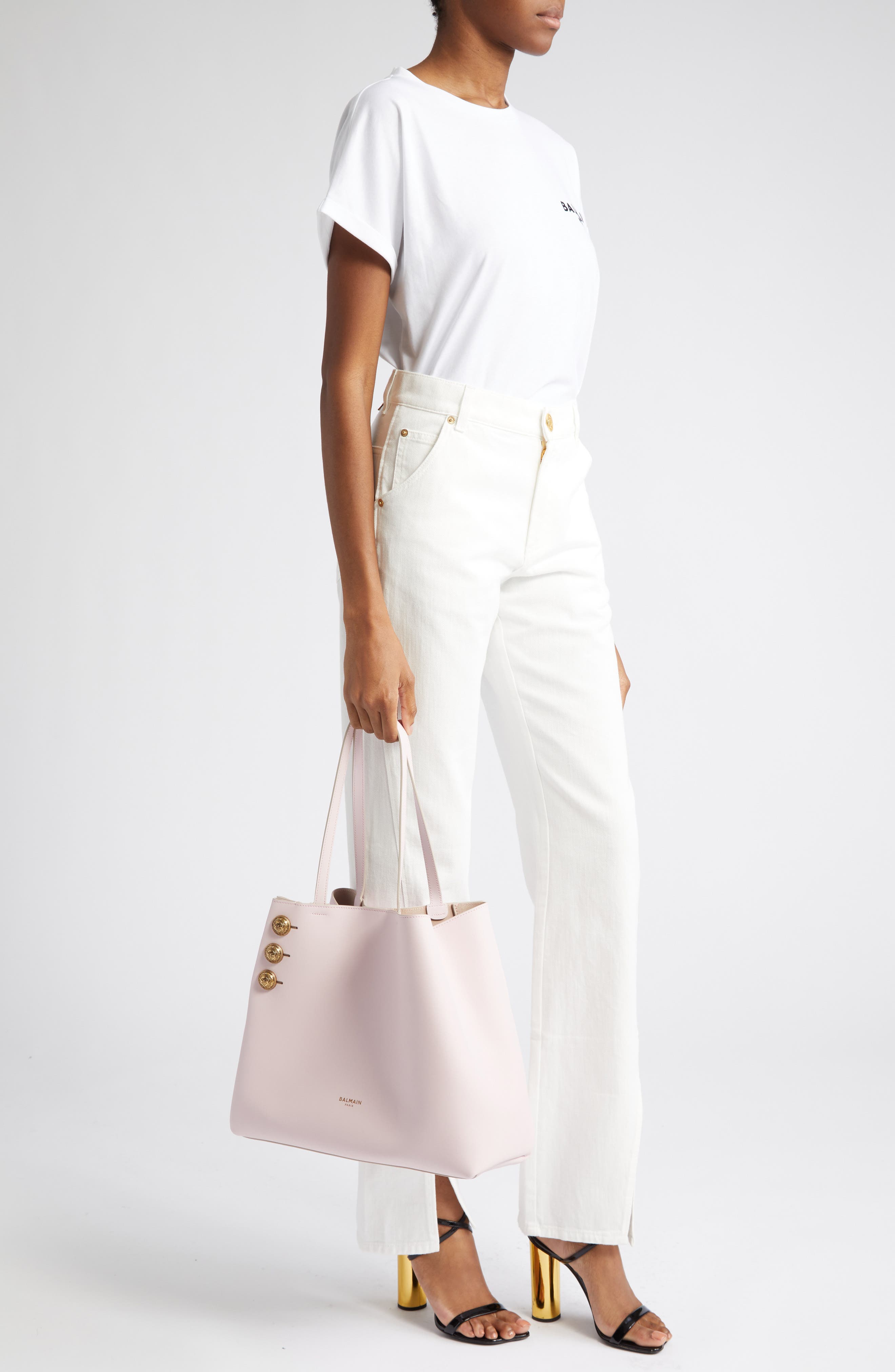 Balmain Emblem Crest Button Calfskin Shopper, Alternate, color, 4Ak Pale Pink