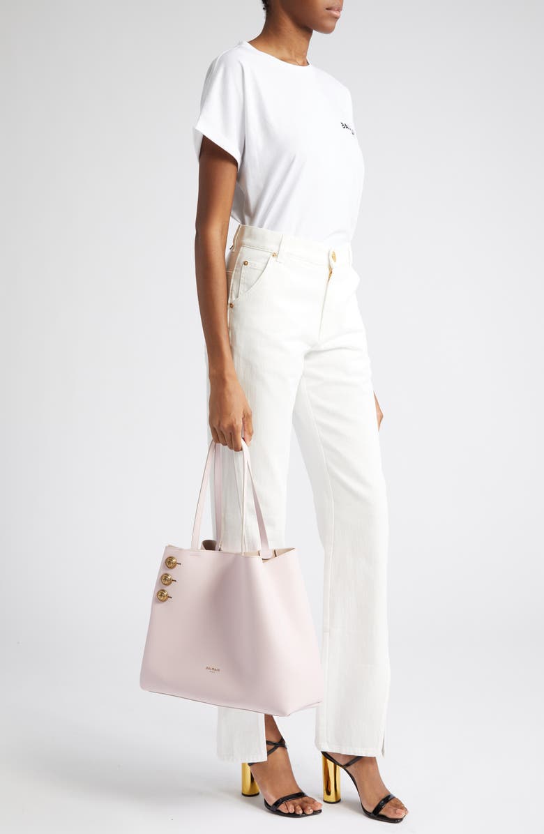 Balmain Emblem Crest Button Calfskin Shopper, Alternate, color, 4Ak Pale Pink