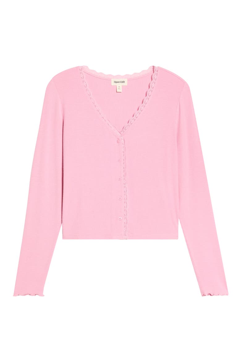 Daydream Lace Trim Rib Button-Up Lounge Top, Alternate, color, PINK STORM