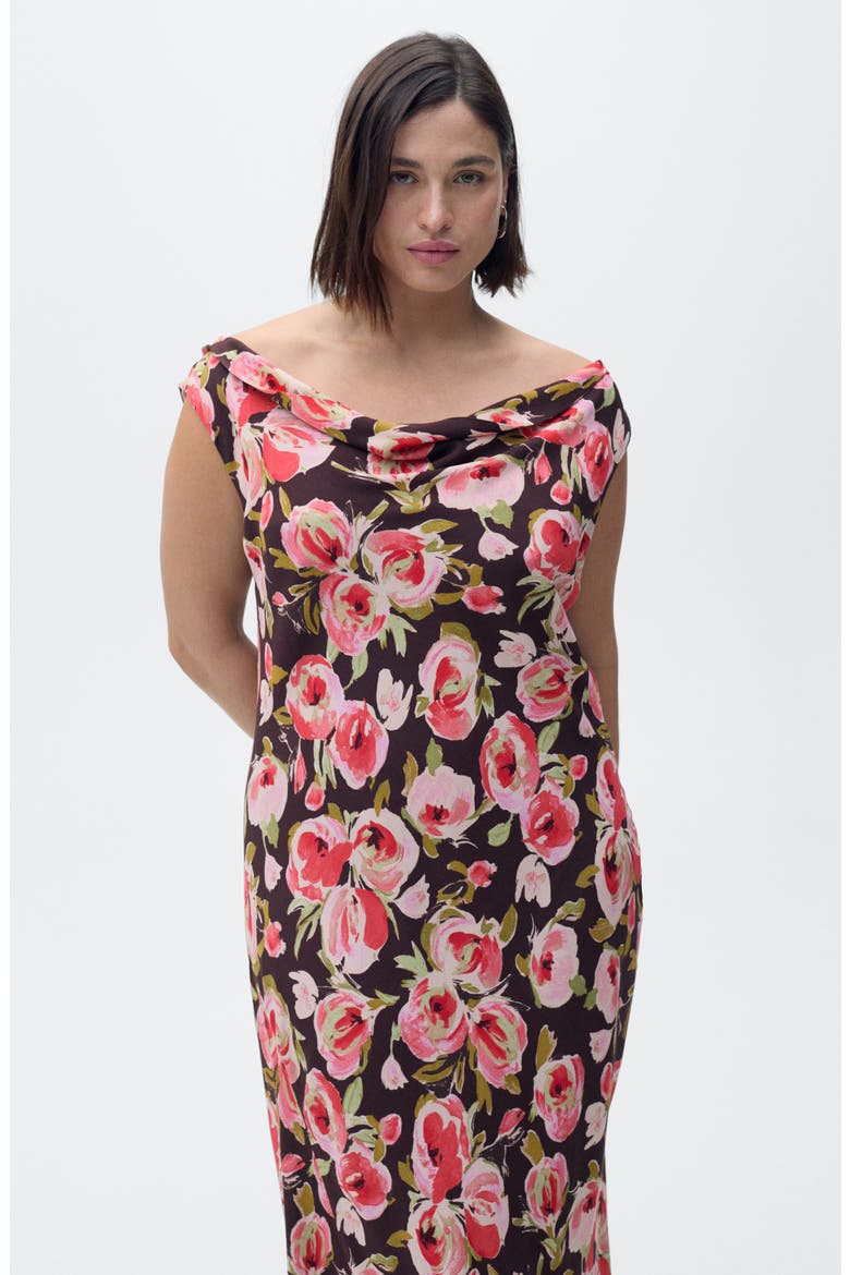 Floral Print Cowl Neck Sleeveless Midi Dress, Alternate, color, BROWN