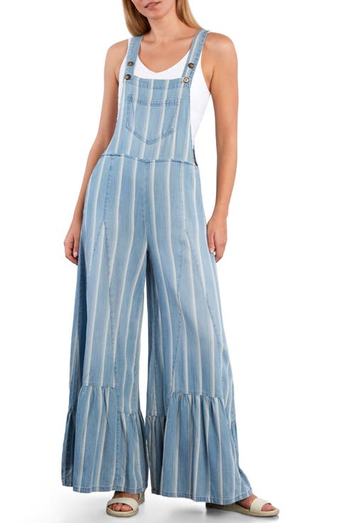 Butterfly Ruffle Leg Cotton Blend Overalls