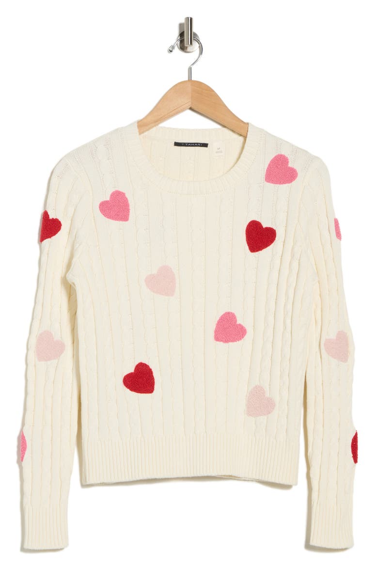 Fuzzy Heart Cotton Cable Sweater, Alternate, color, IVORY/ PINK RED HEARTS
