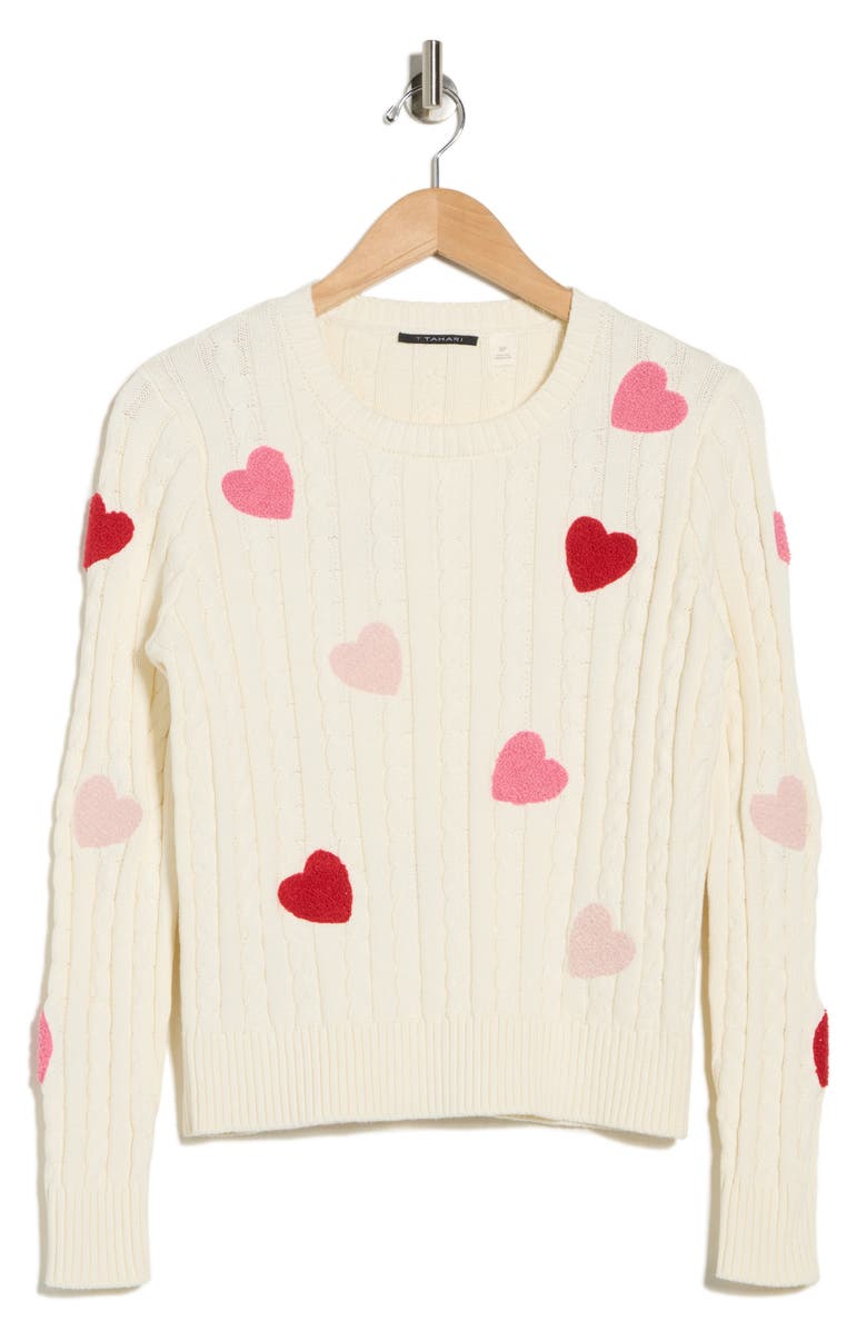 T Tahari Fuzzy Heart Cotton Cable Sweater, Main, color, Ivory/ Pink Red Hearts