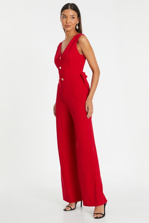 Quiz Button Front Scuba Crepe Jumpsuit With Open Back In Red