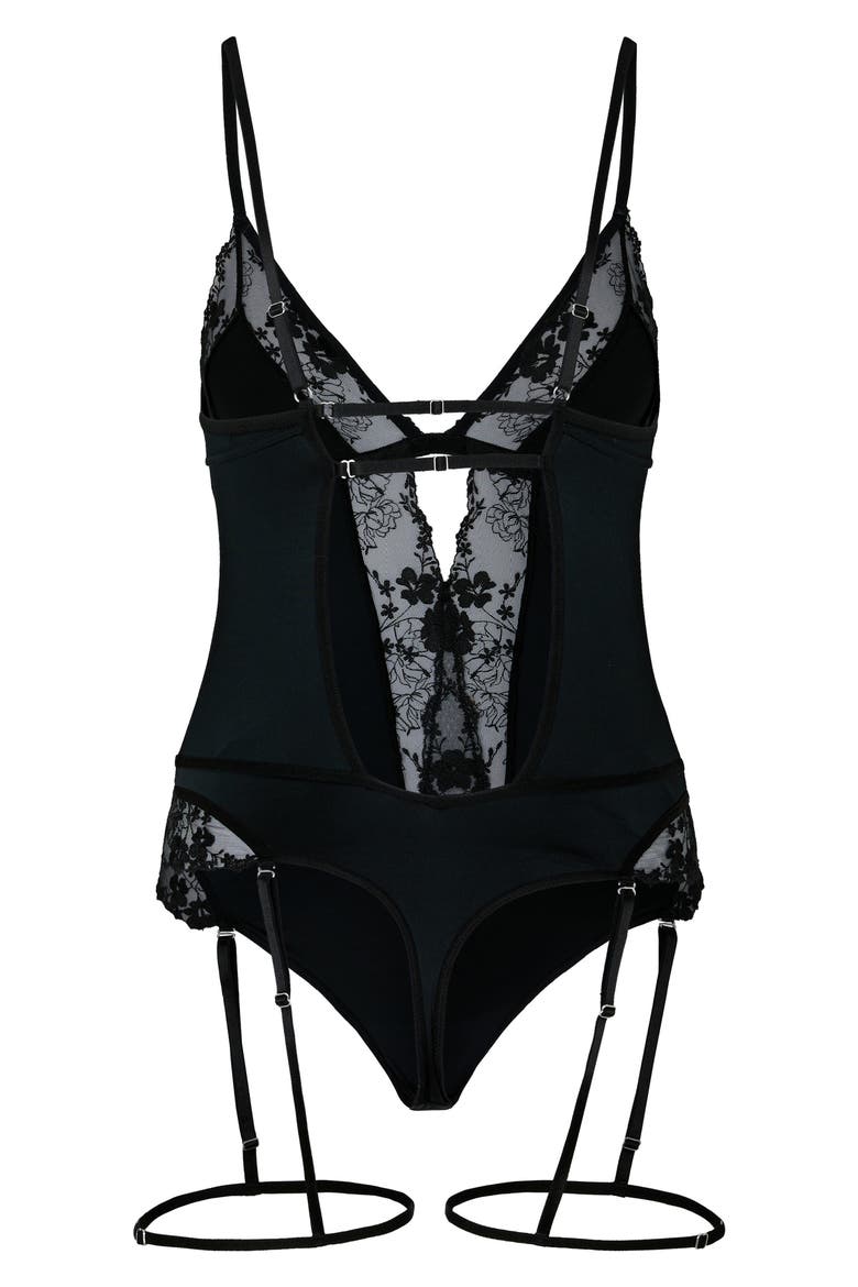 Peonie Lace Bodysuit with Garters, Alternate, color, CAVIAR