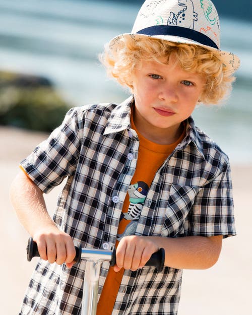 Deux Par Deux Little Boy's Short Sleeve Button Down Shirt Black And Beige Plaid In Black And Beige Plaid