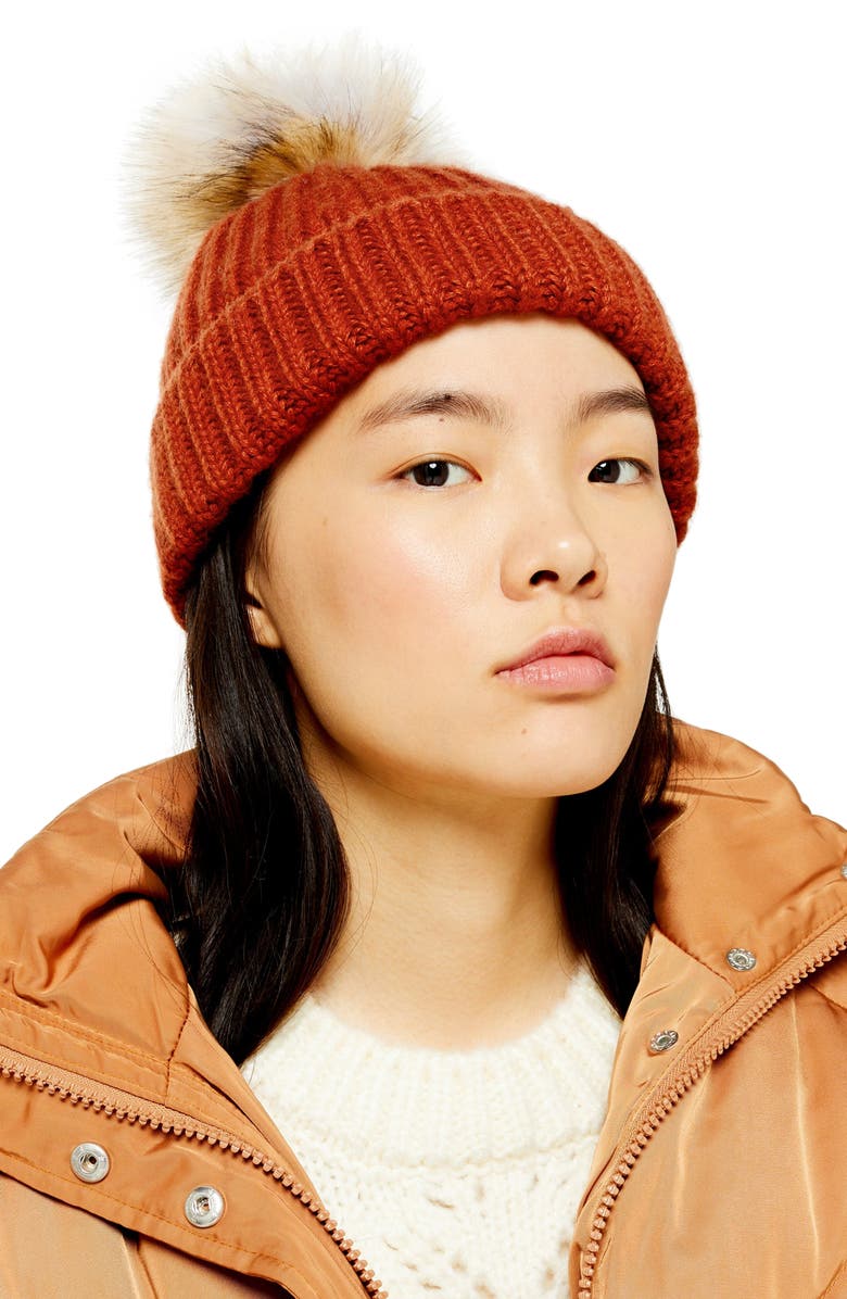 Topshop Faux Fur Pom Beanie, Alternate, color,