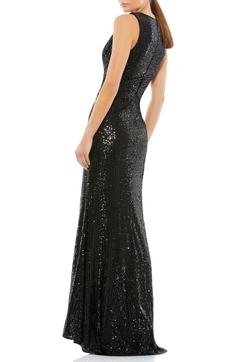Mac Duggal V-Neck Sequin Wrap Waist Gown, Alternate, color, Black