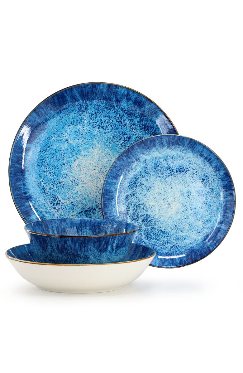 Elama Oceanus 16 Piece Porcelain Double Bowl Dinnerware Set, Alternate, color, White