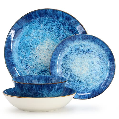 Elama Oceanus 16 Piece Porcelain Double Bowl Dinnerware Set In Blue