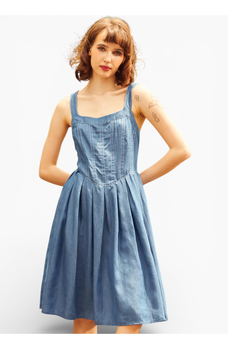 ModCloth Meet Me on Main Street Chambray Dress, Main, color, Vintage Blue