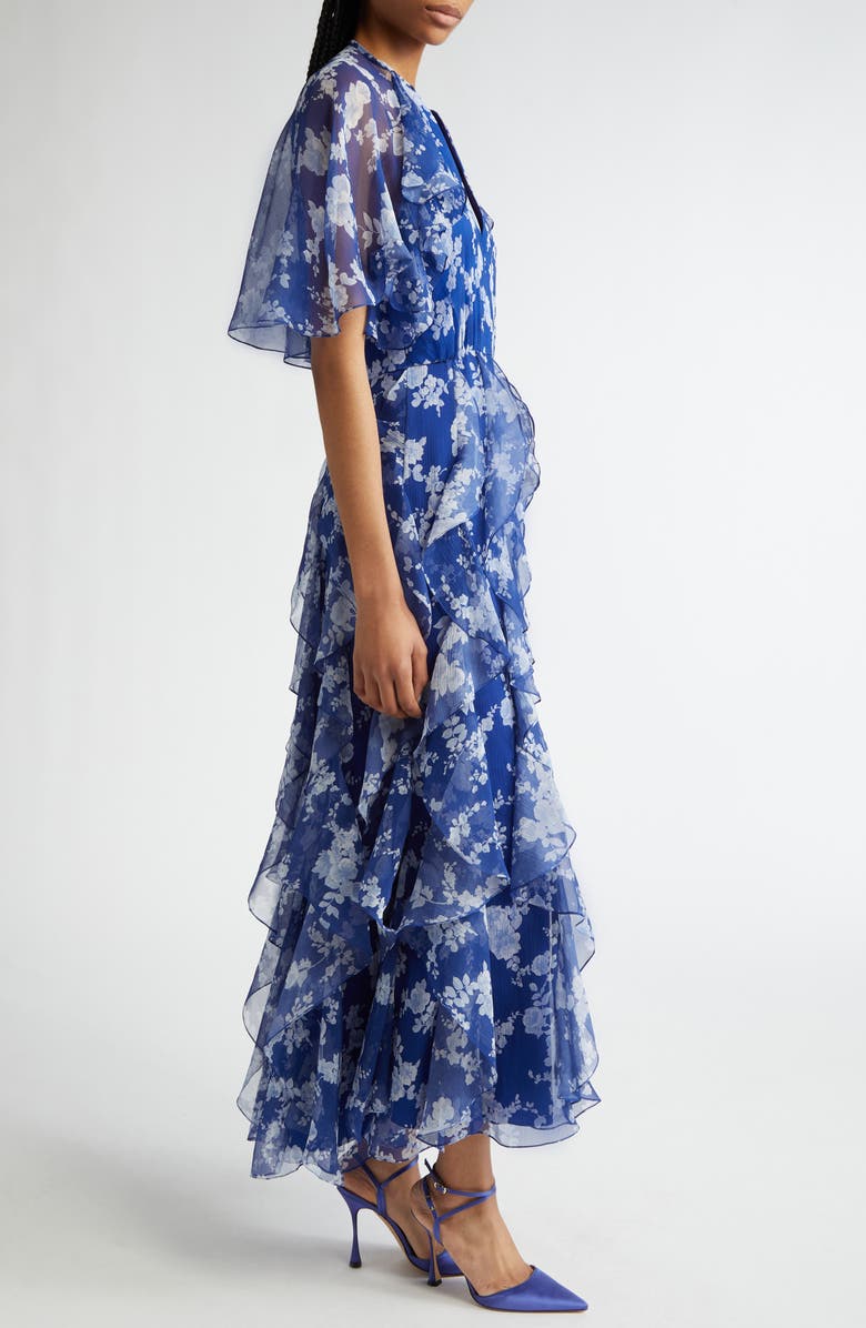 Carolina Herrera Floral Print Ruffle Silk Chiffon Midi Dress, Alternate, color, Nautilus Multi