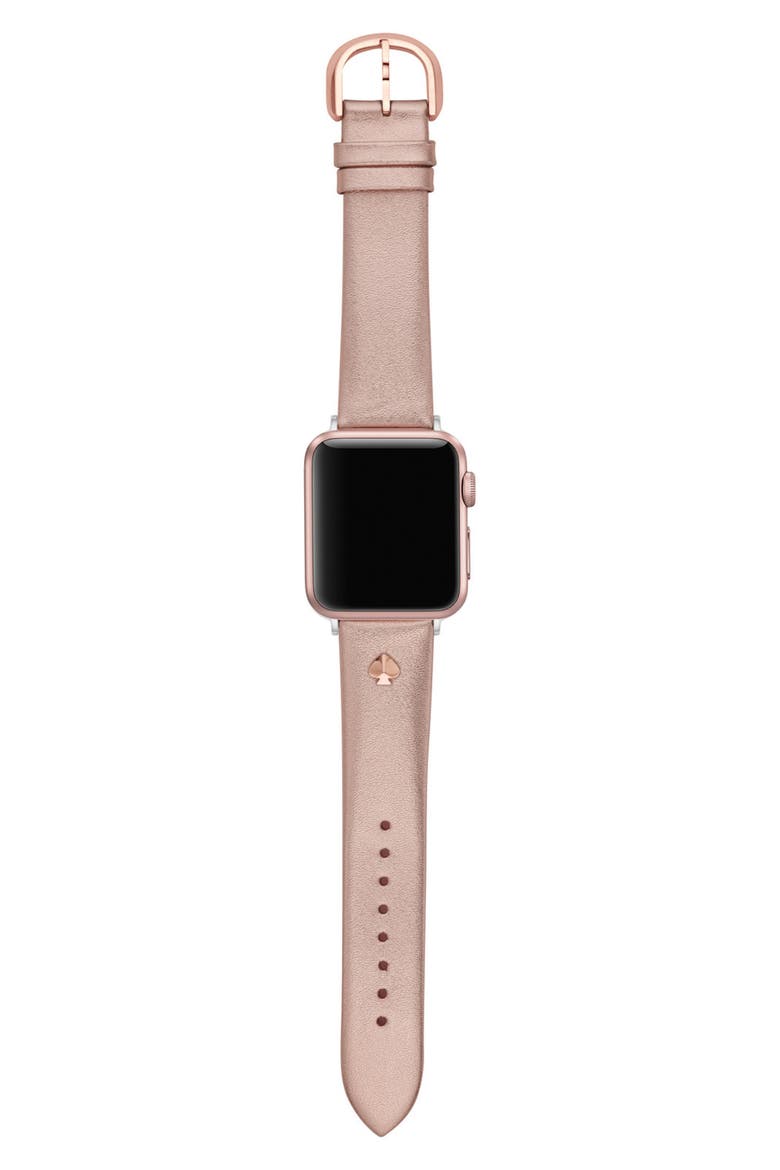 metallic leather 20mm Apple Watch® watchband, Alternate, color, ROSE GOLD