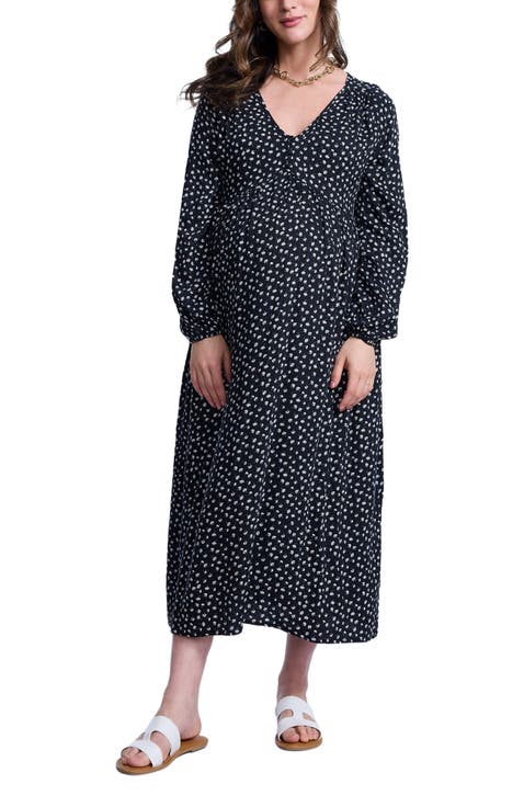 Long Sleeve Button Front Maternity Midi Dress