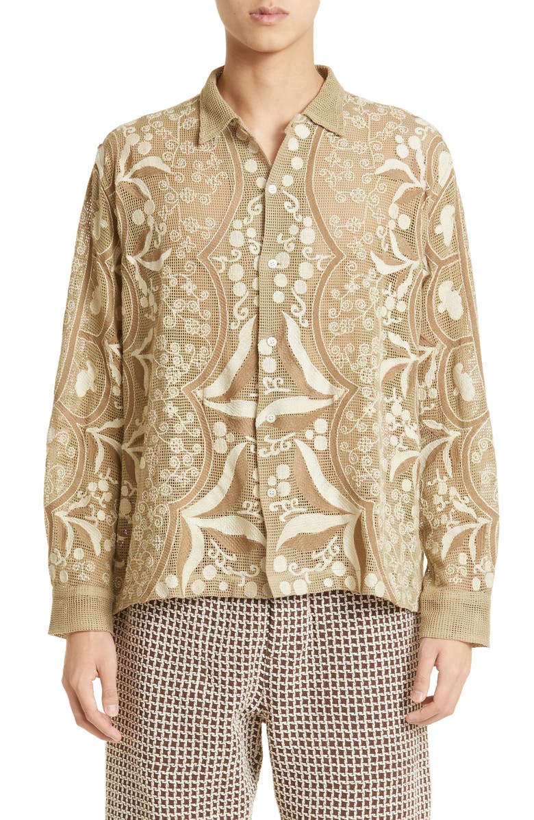 Bode Filet Filigree Embroidered Mesh Button-Up Shirt, Main, color, 