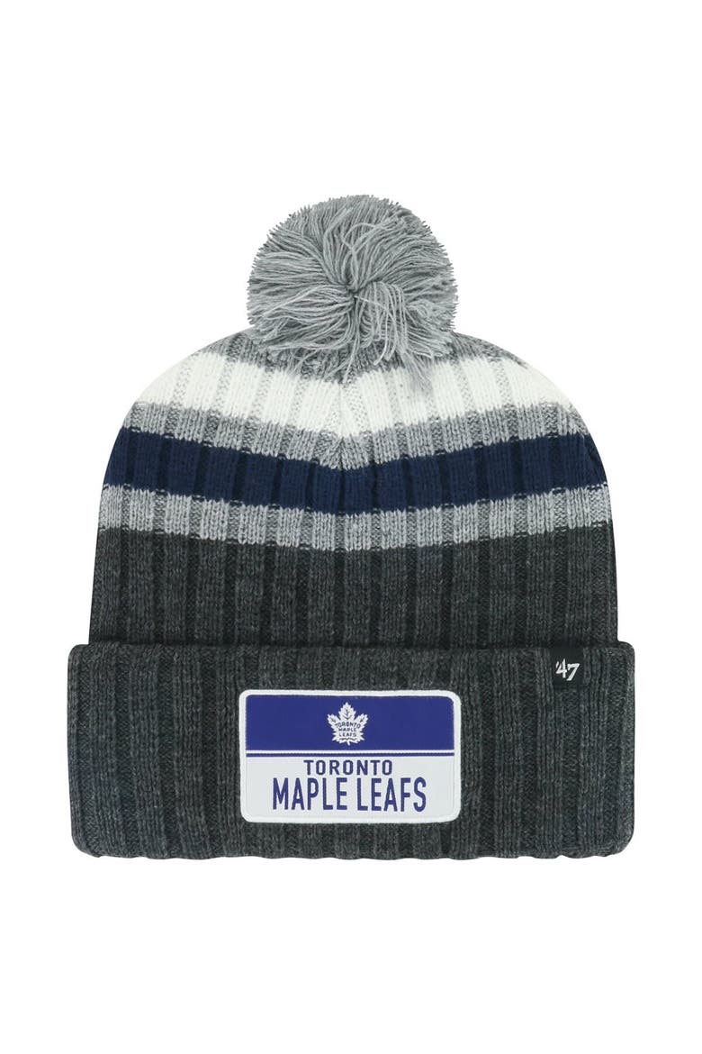 Men's '47 Gray Toronto Maple Leafs Stack Patch Cuffed Knit Hat with Pom, Main, color, Gray