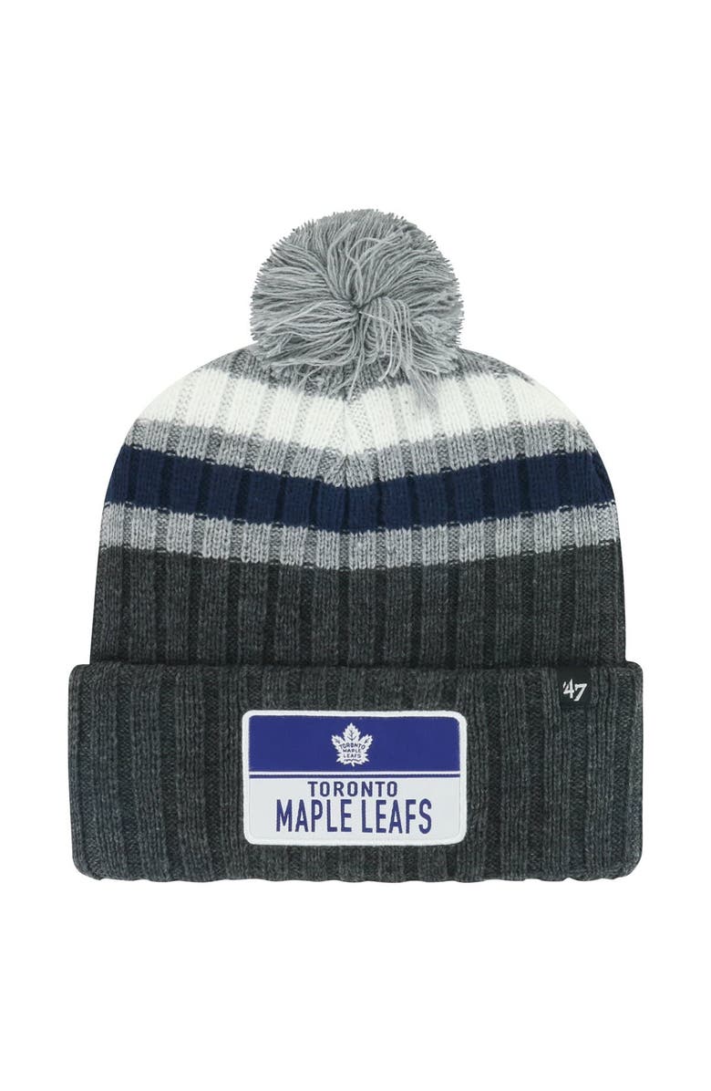 '47 Men's '47 Gray Toronto Maple Leafs Stack Patch Cuffed Knit Hat with Pom, Main, color, Gray