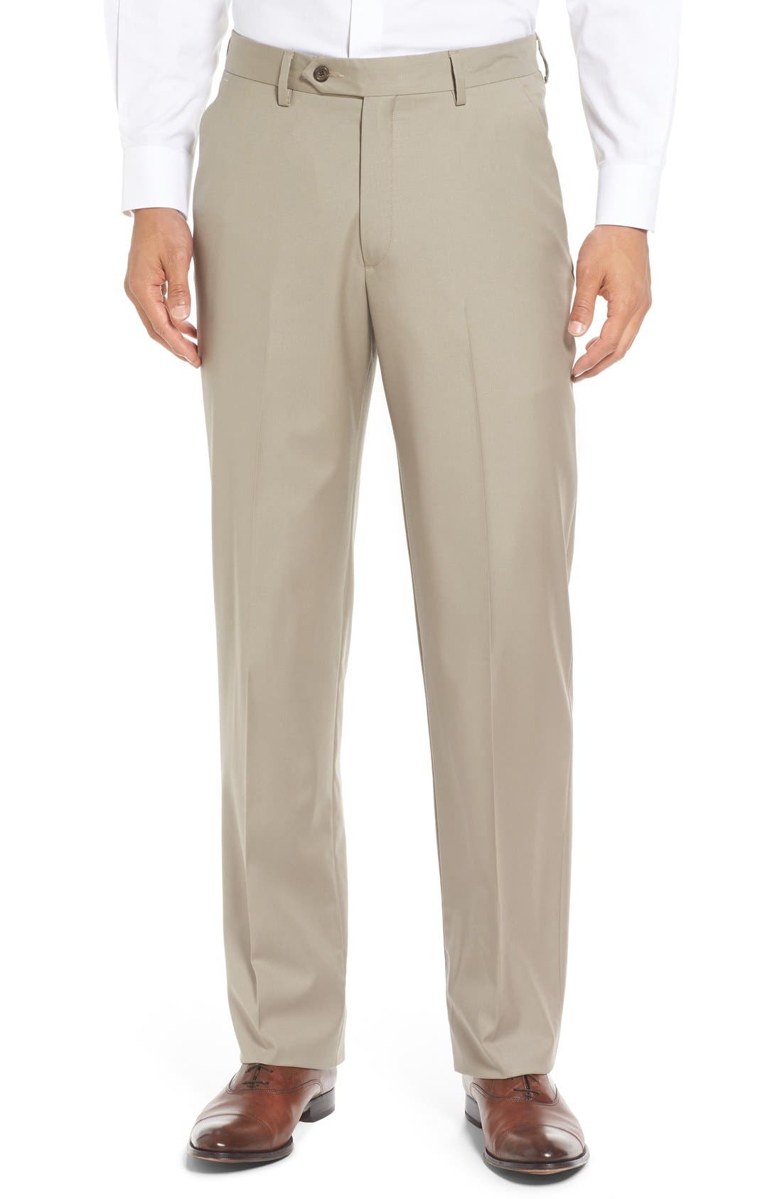 Berle Flat Front Solid Super 130s Wool Gabardine Trousers in Tan 