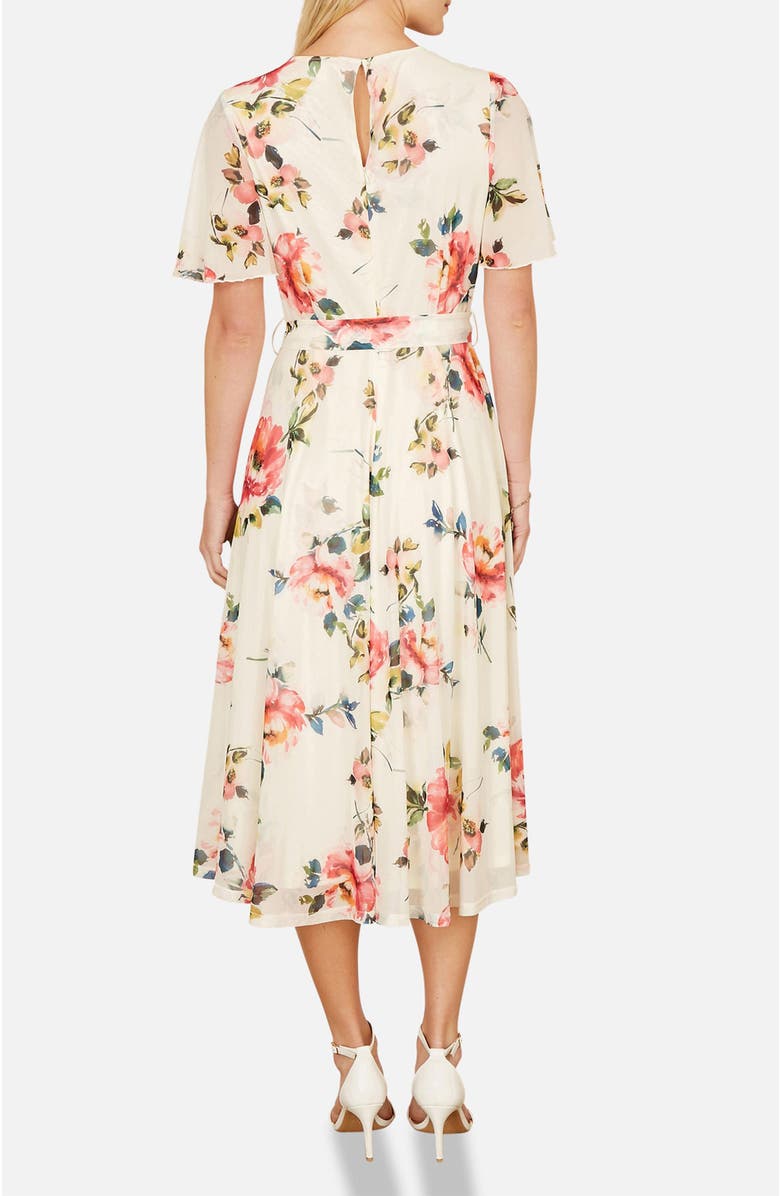 Yumi Mesh Floral Print Midi Dress, Alternate, color, Ivory