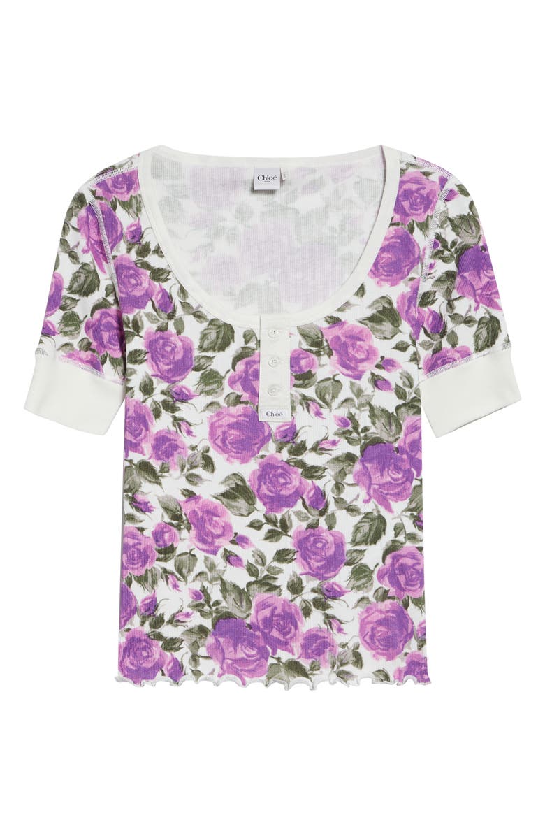 Chloé Rose Print Rib Jersey Henley, Alternate, color, White - Purple