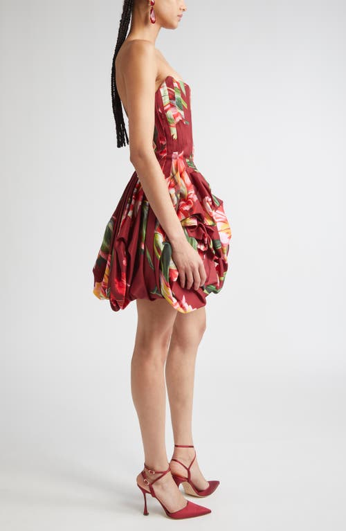 Carolina Herrera Tulip Print Pleated Draped Minidress In Burgundy