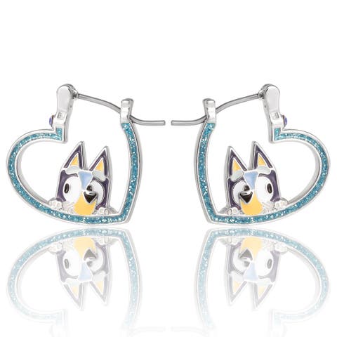 Heart Hoop Earrings Official License, Silver Flash-Plated with Enamel Bluey Pendant
