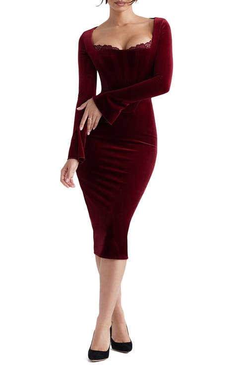 Solaine Lace Trim Long Sleeve Velvet Midi Dress