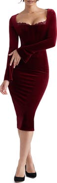 HOUSE OF CB Solaine Lace Trim Long Sleeve Velvet Midi Dress