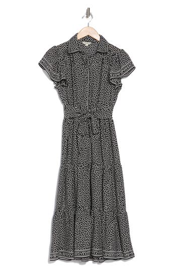 Max Studio Floral Tie Front Shirtdress In Blk/iry Large Posie Polka Dot
