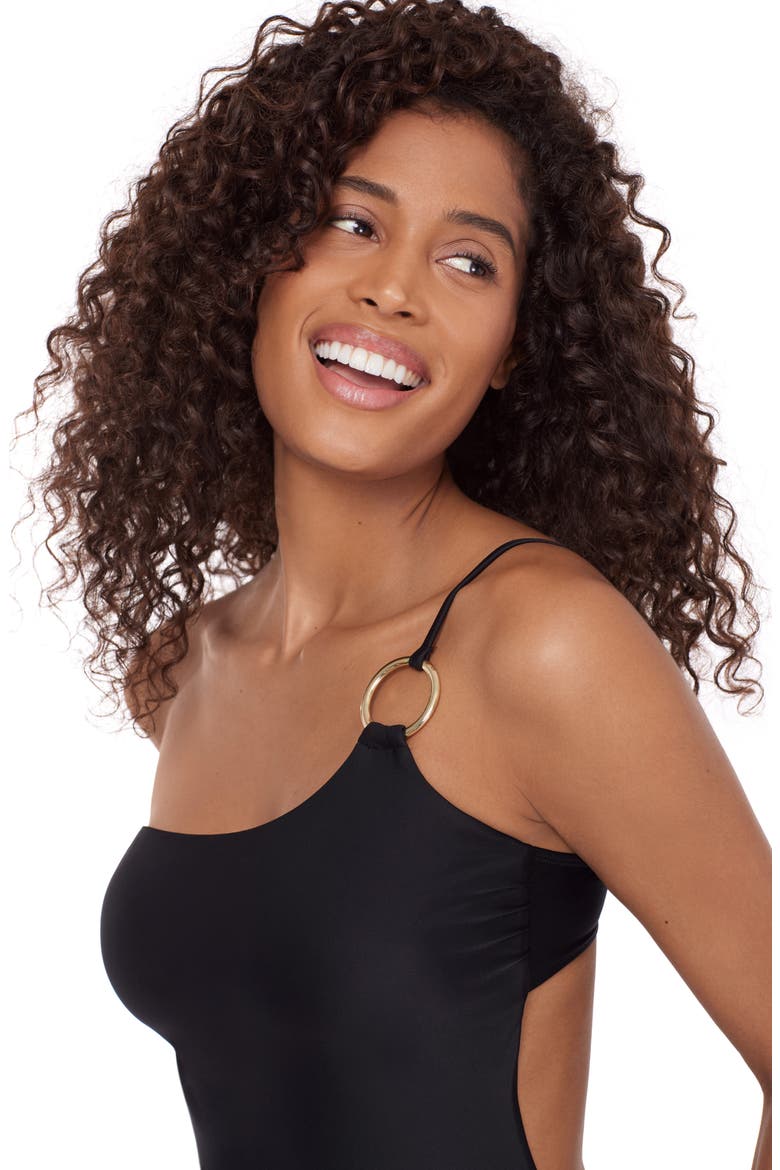 One-Shoulder Cutout One-Piece Swimsuit, Alternate, color, RAVEN BLACK