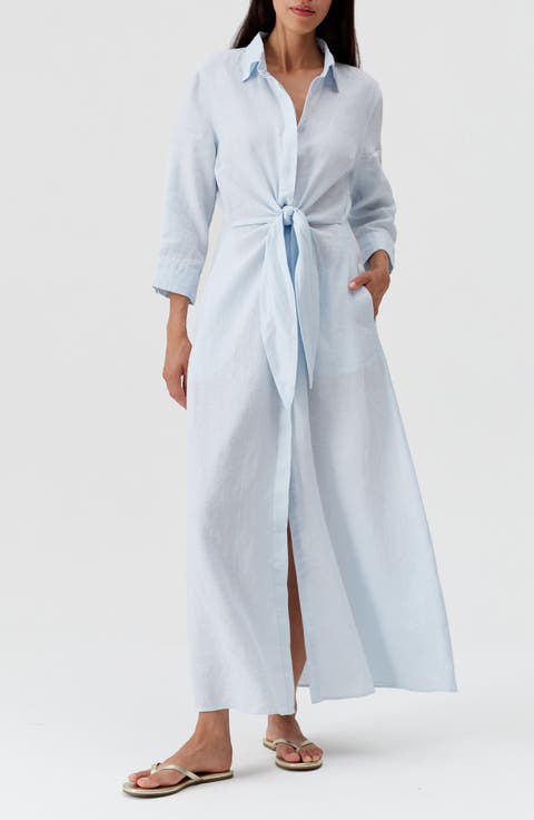 Gillian Linen Tie Front Cover-Up Maxi Shirtdress
