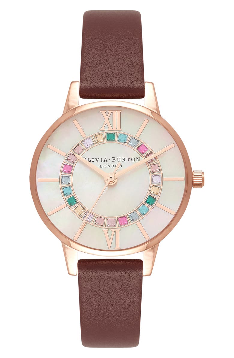 Olivia Burton Wonderland Leather Strap Watch, 30mm, Main, color,