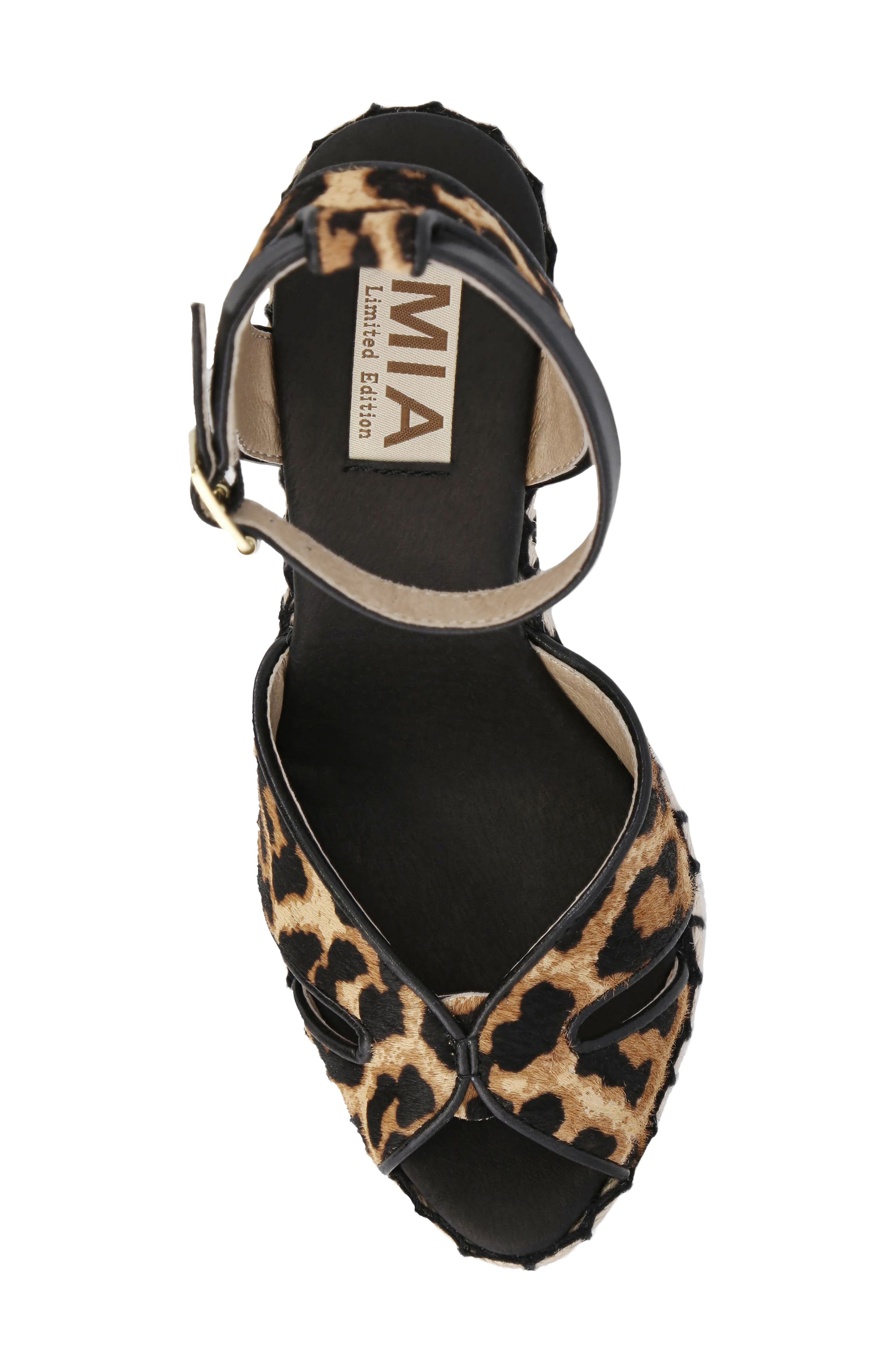 MIA Mallorca Ankle Strap Espadrille Genuine Calf Hair Platform Wedge Sandal, Alternate, color, Leopard Calf Hair