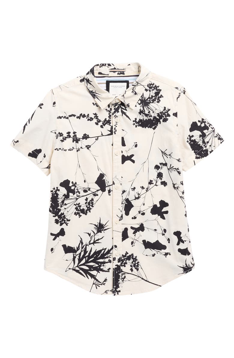 DENIM AND FLOWER Kids' Floral Short Sleeve Button-Up Shirt, Main, color, Off White
