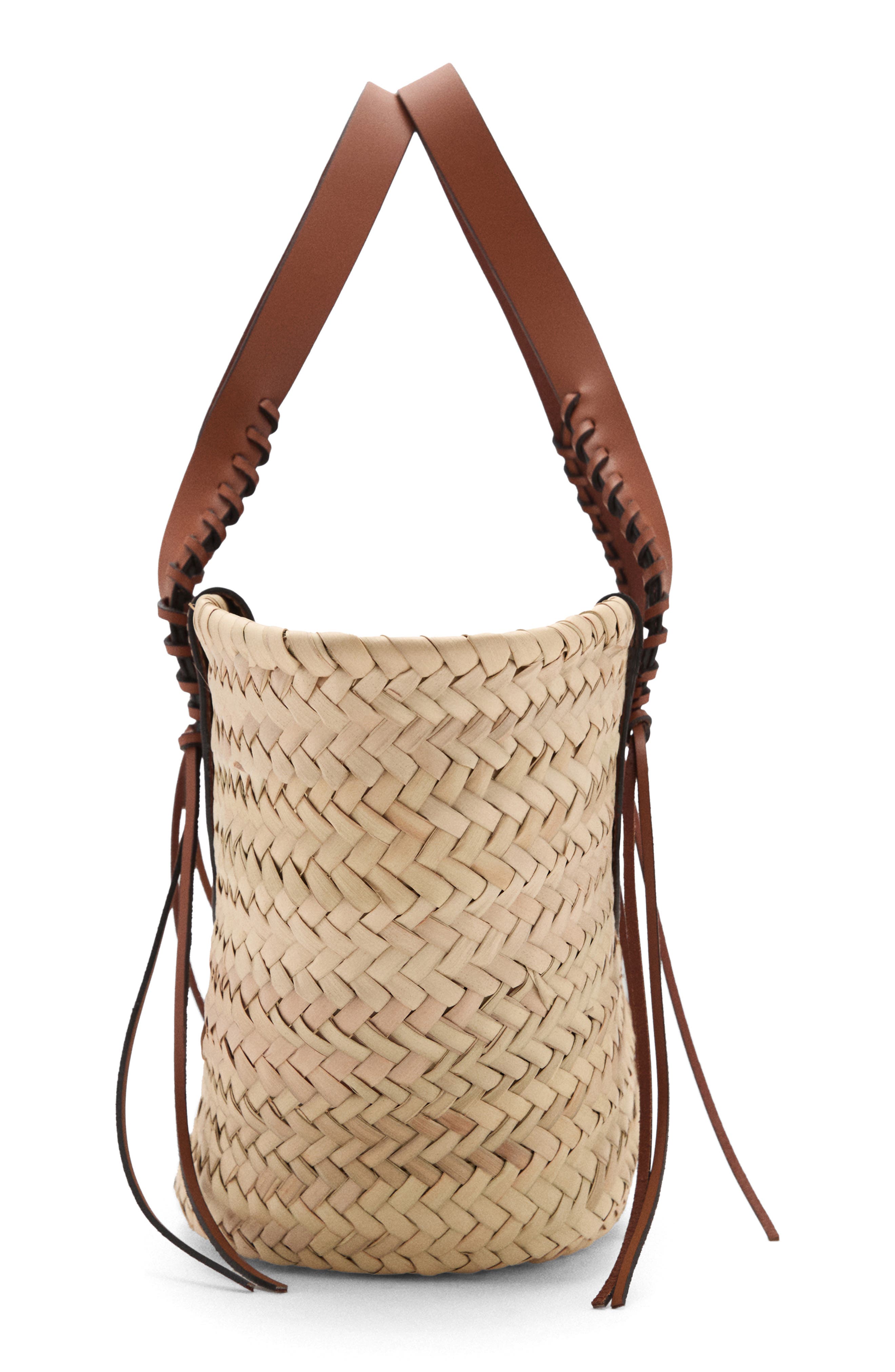 MANGO Large Straw Basket Bag, Alternate, color, Leather