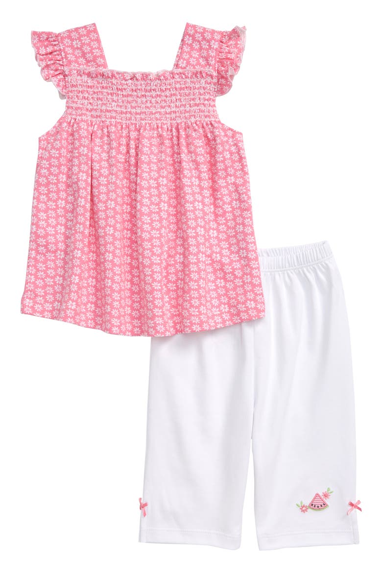 Watermelon Flutter Sleeve Smocked Top & Capri Pants Set, Main, color, FUSCHIA