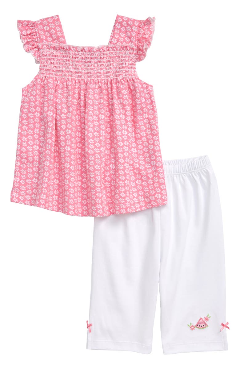 Kissy Kissy Watermelon Flutter Sleeve Smocked Top & Capri Pants Set, Main, color, 