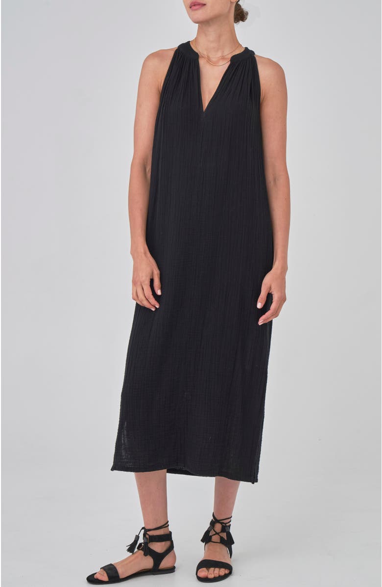 ocean+main Sleeveless Gauze Midi Dress with Pockets, Main, color, Black