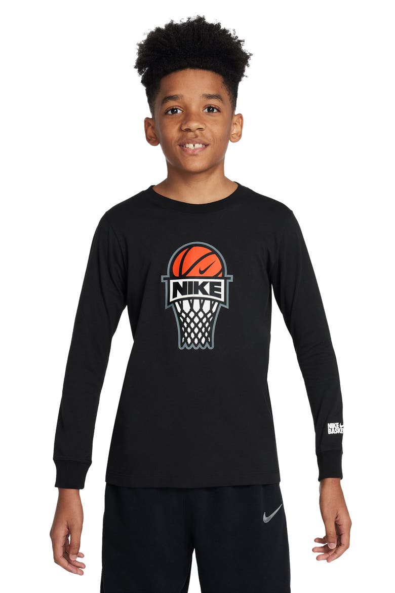 Kids' Sportswear Basketball Long Sleeve Cotton Graphic T-Shirt, Main, color, BLACK